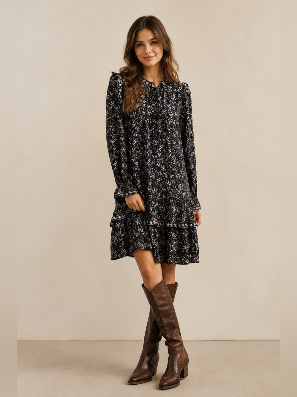 Max Studio Floral Ruffle Dress Women’s LBlack Boho Long Sleeve Tiered Prairie